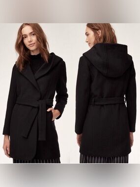 WILFRED ARITZIA Brenna Wool Cashmere Italy Belted Hooded Drape Long Robe Coat S